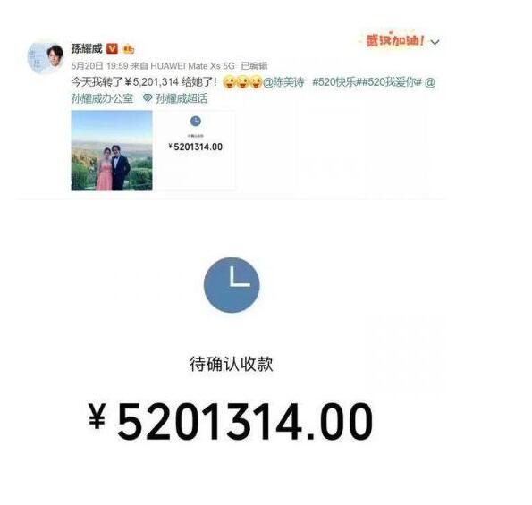 孙耀威给老婆转5201314元 孙耀威520给老婆陈美诗转账